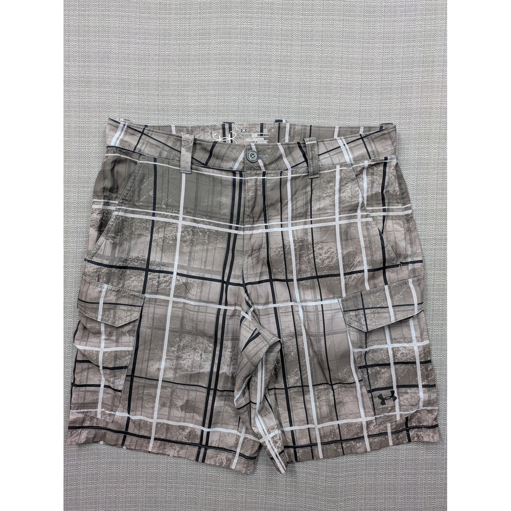 Under Armour Shorts Mens 36 Gray Plaid HeatGear 10 Inseam Cargo Stretch Athletic